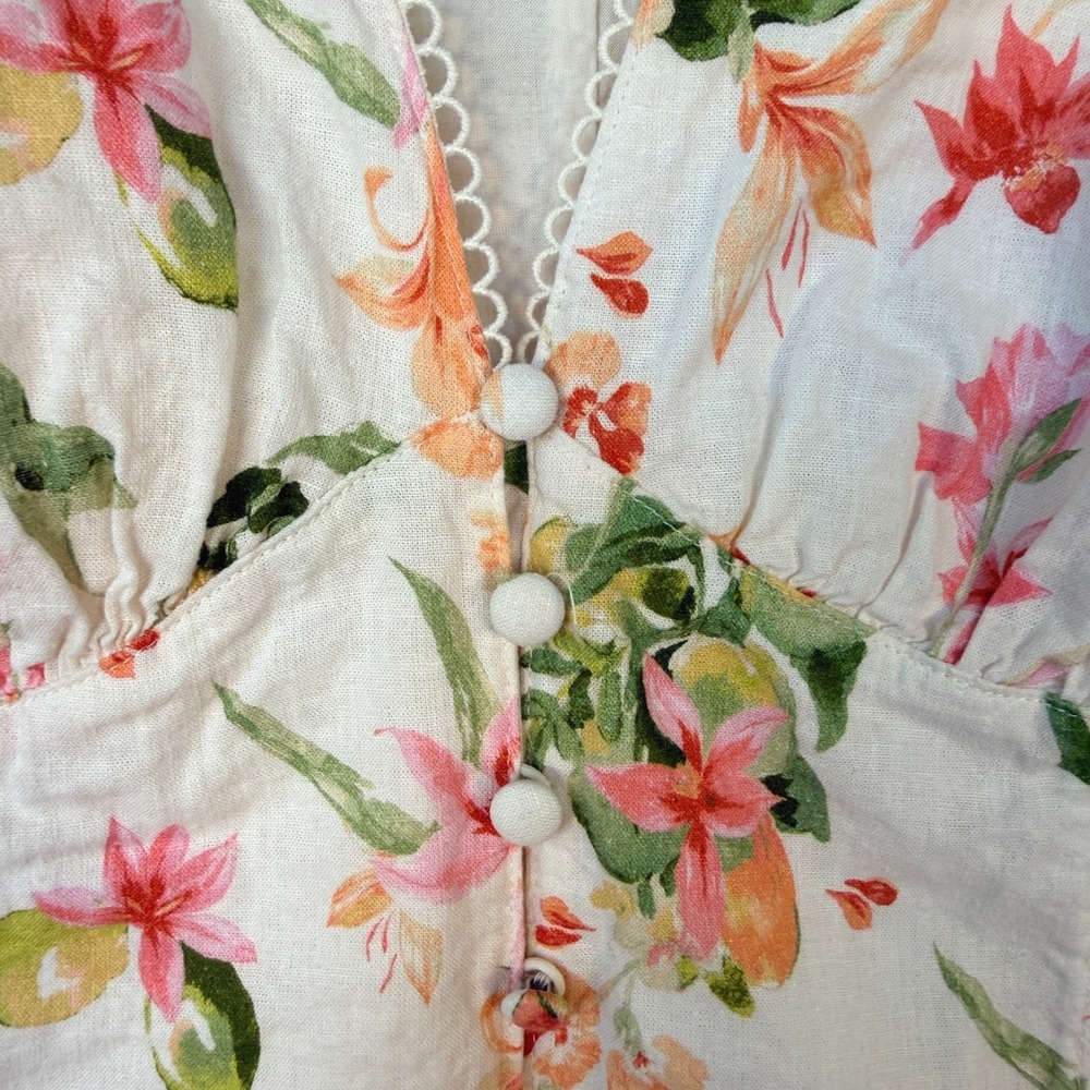 H&M Linen Blend Floral Citrus Puff Sleeve Button Front Mini Dress Cream XL - Picture 7 of 13